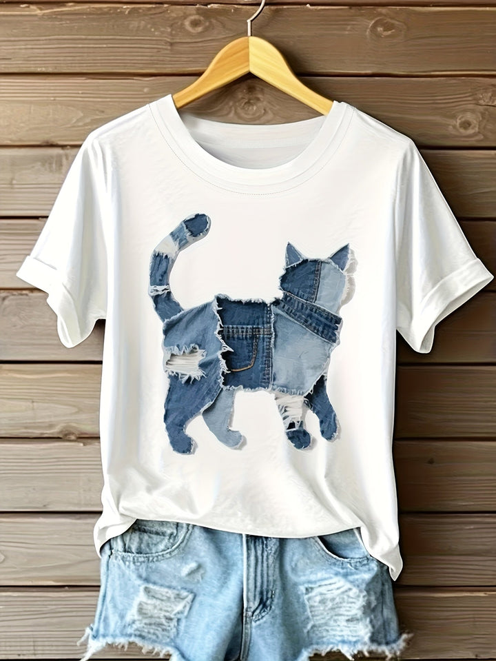 Araceli - Camiseta con Gráfico de Gato en Parchwork de Denim