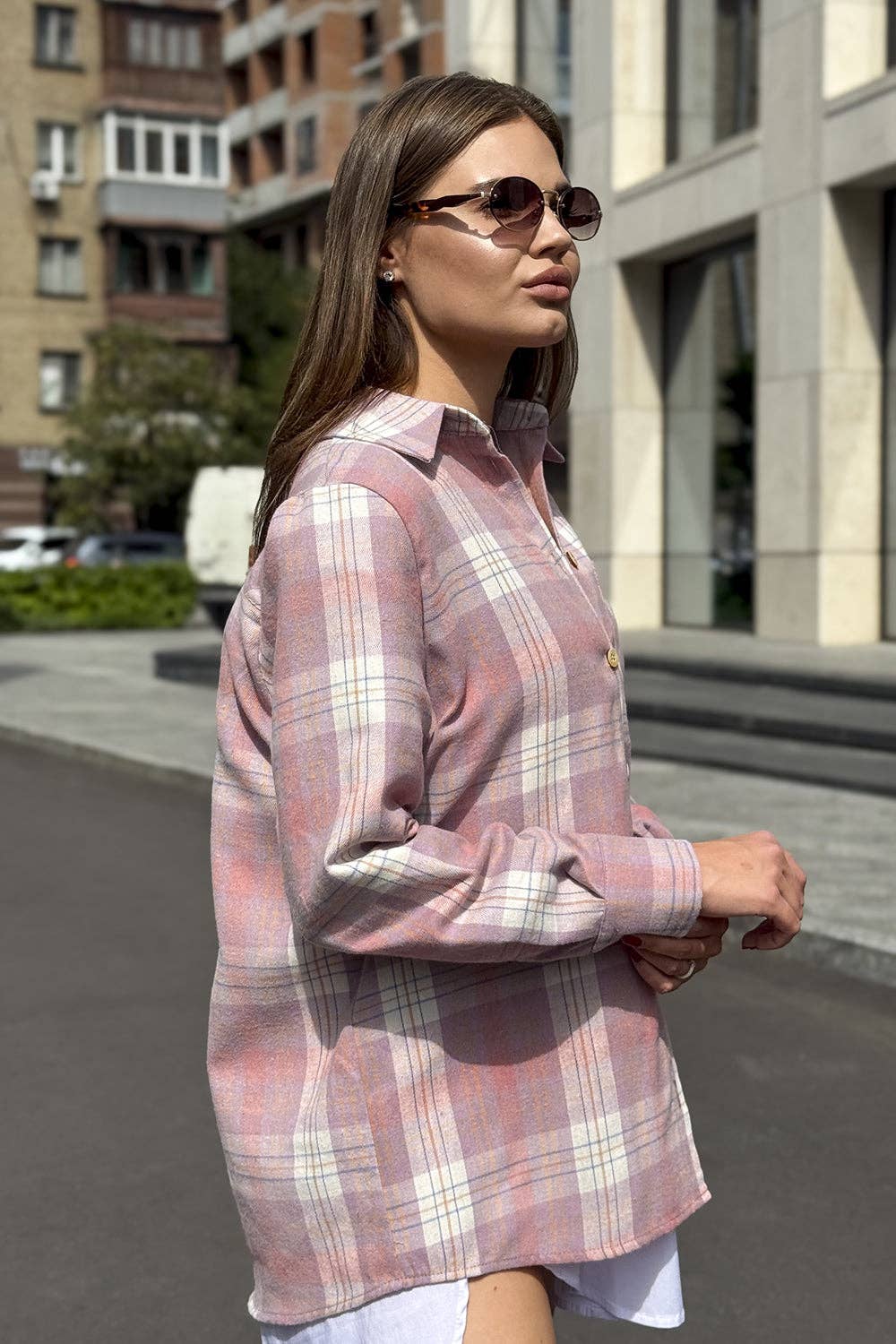 Sobrecamisa de cuadros en tonos rosados