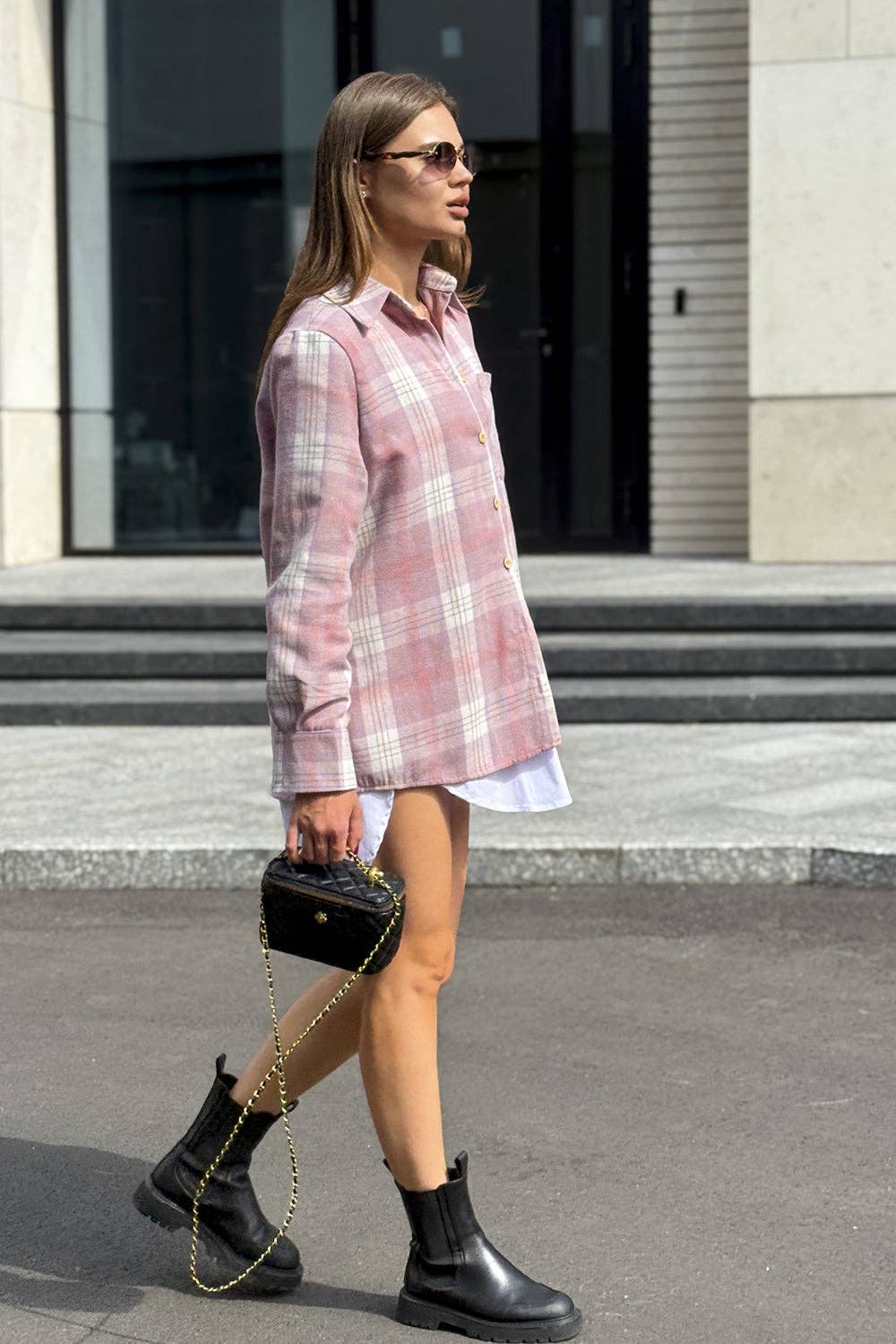 Sobrecamisa de cuadros en tonos rosados