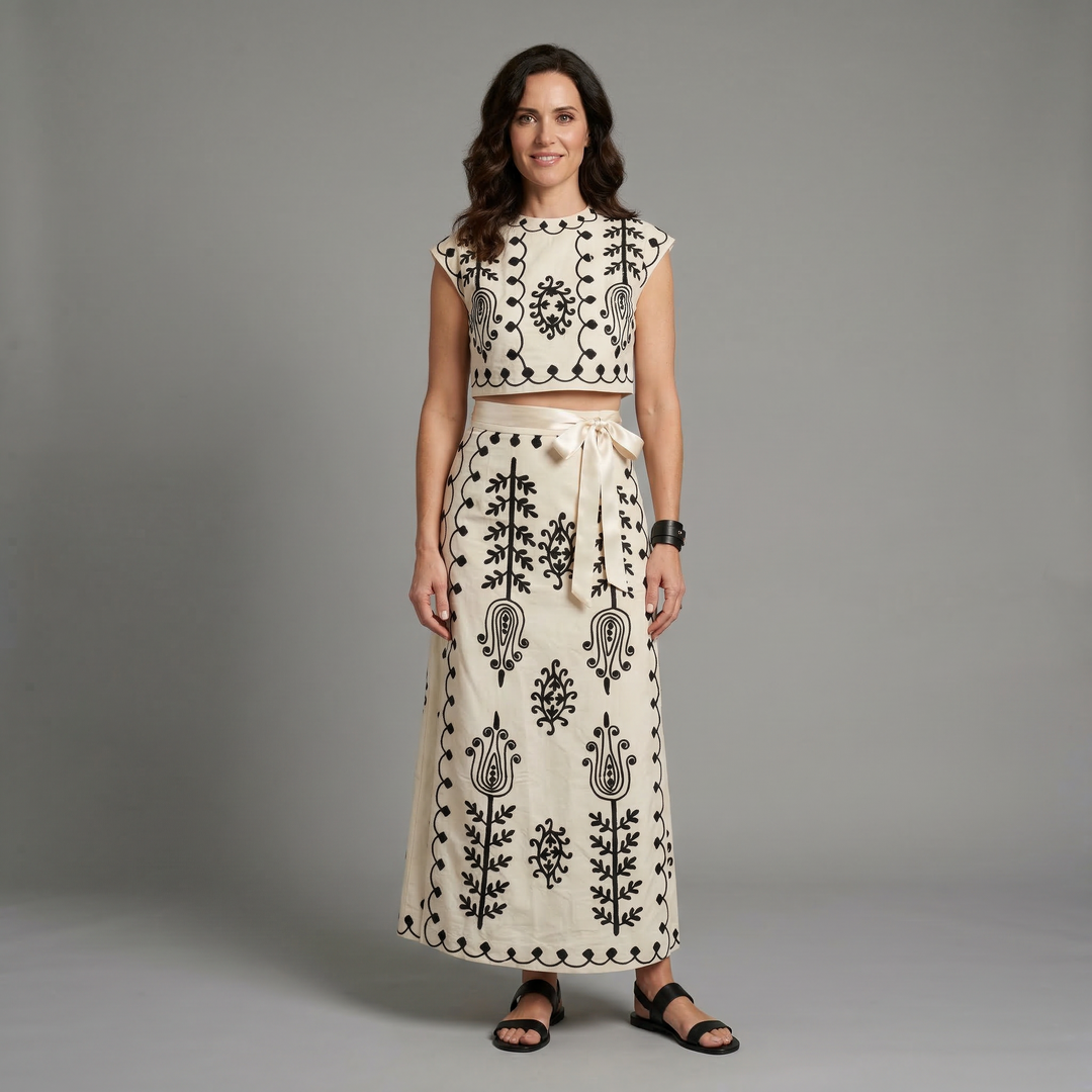 Conjunto de top y falda midi — estilo femenino y sofisticado