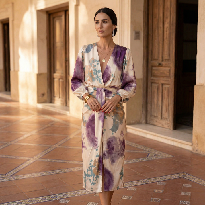 Amelia | Conjunto elegante de blusa y falda midi estampada