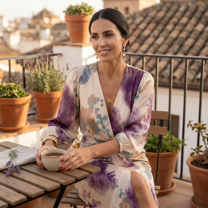 Amelia | Conjunto elegante de blusa y falda midi estampada