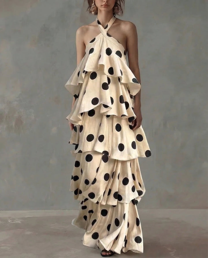 Coral · Vestido largo halter con estampado de lunares